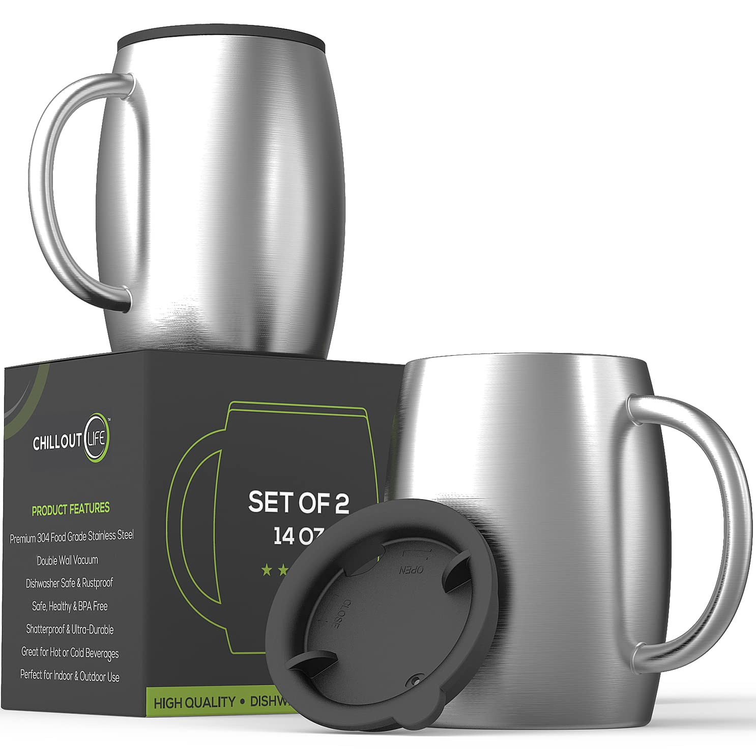 CHILLOUT LIFE Stainless Steel Insulated Coffee Mugs Set of 2 (14oz) – Double Wall Coffee Cups with Spill Resistant Lid & Strong Handle, Shatterproof Cups for Cold Drinks and Hot Beverages | Amazon (US)