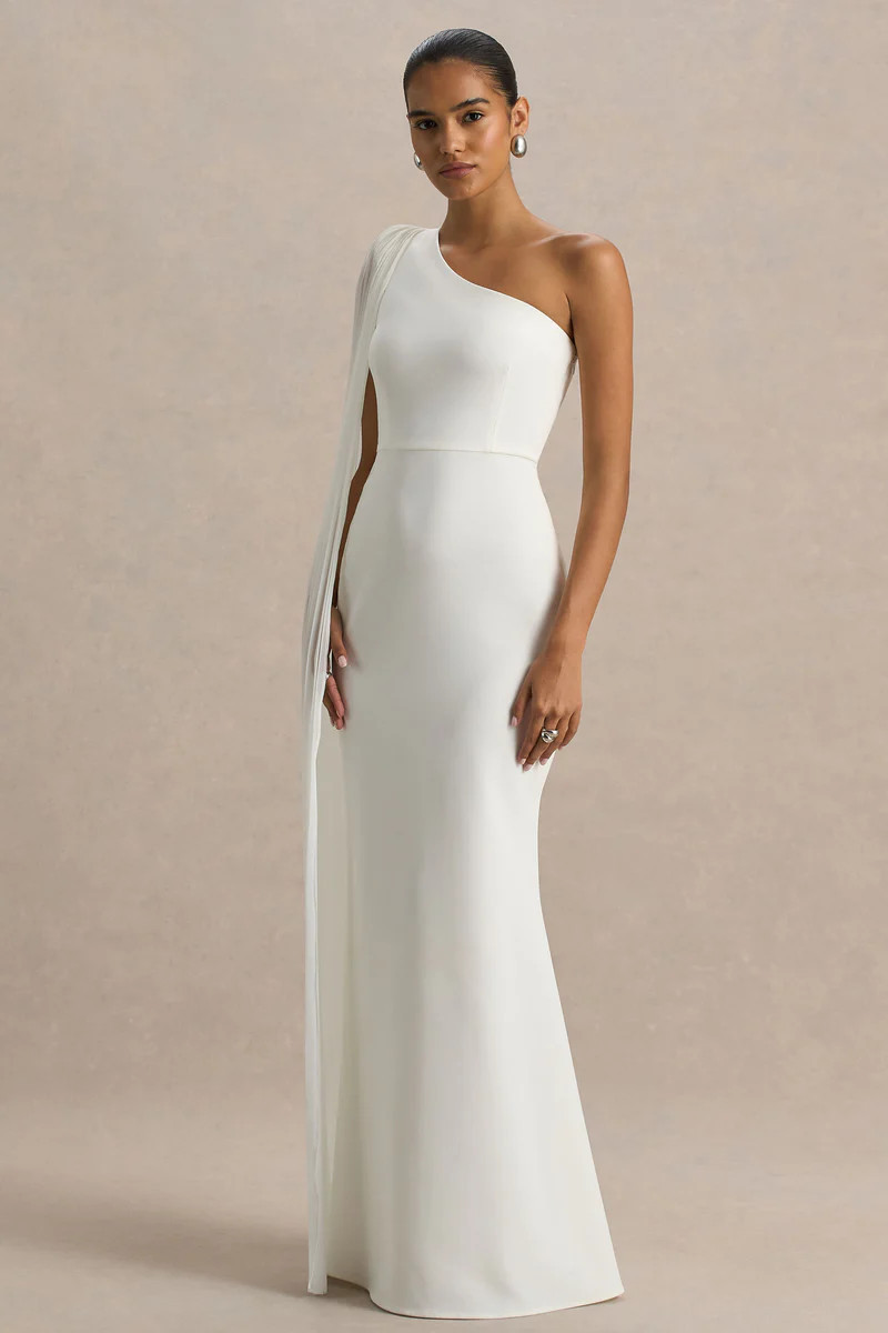 Athens | White Asymmetric-Neck Maxi Dress With Cape Sleeve Detail | Club L London