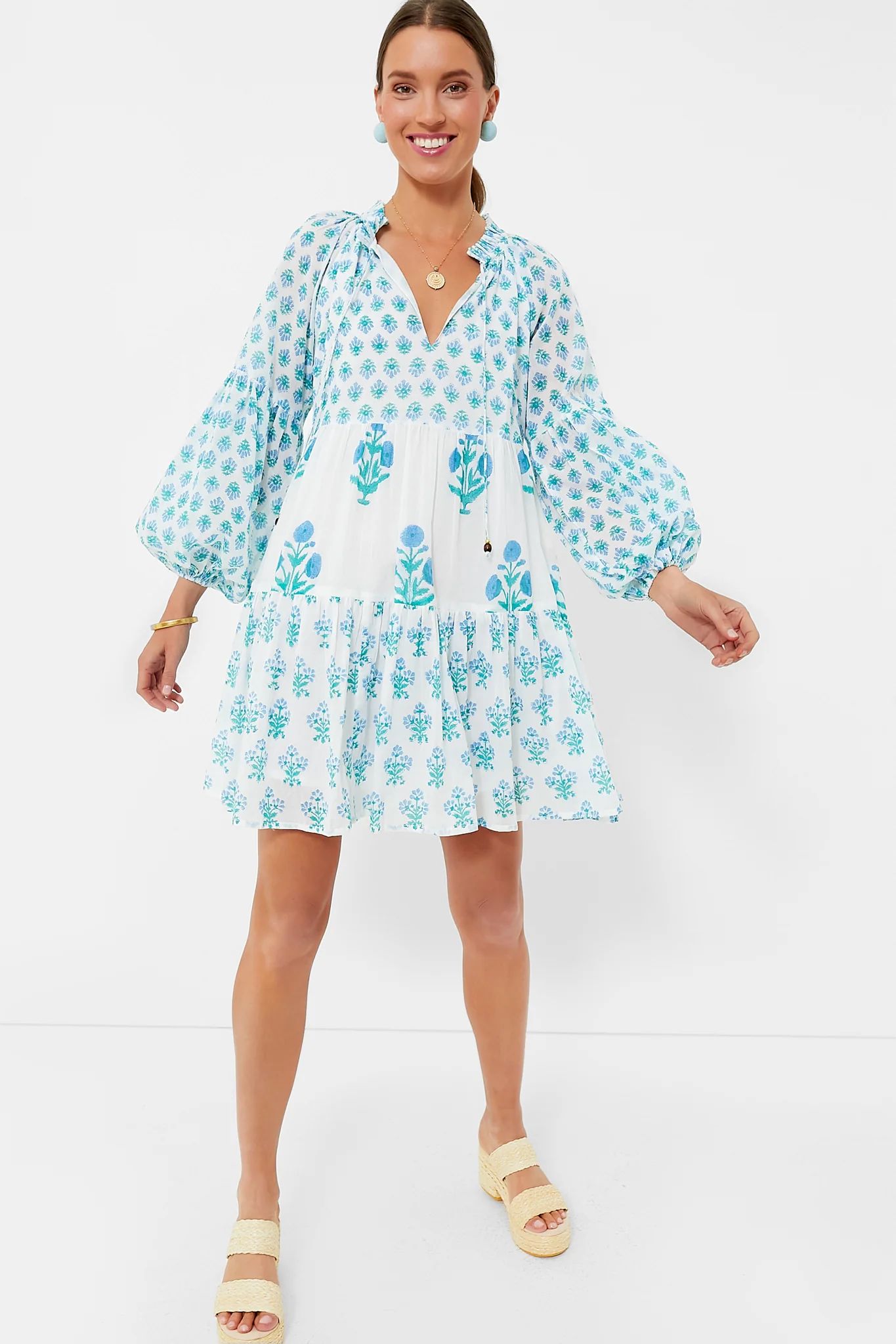 Exclusive Blue Floral Balloon Sleeve Short Mini Dress | Tuckernuck (US)