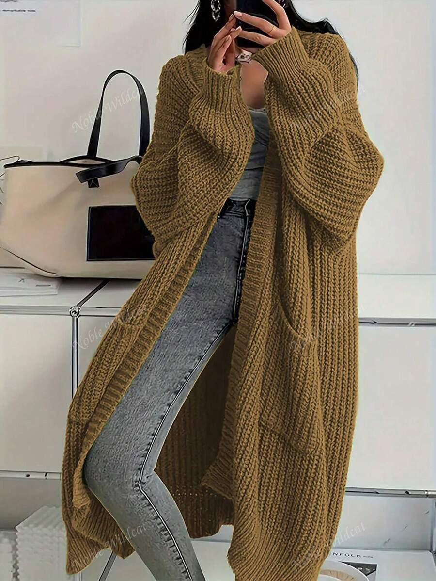 Plus Size Women V-Neck Pockets Long Sleeve Ribbed Knit Long Cardigan Sweater | SHEIN