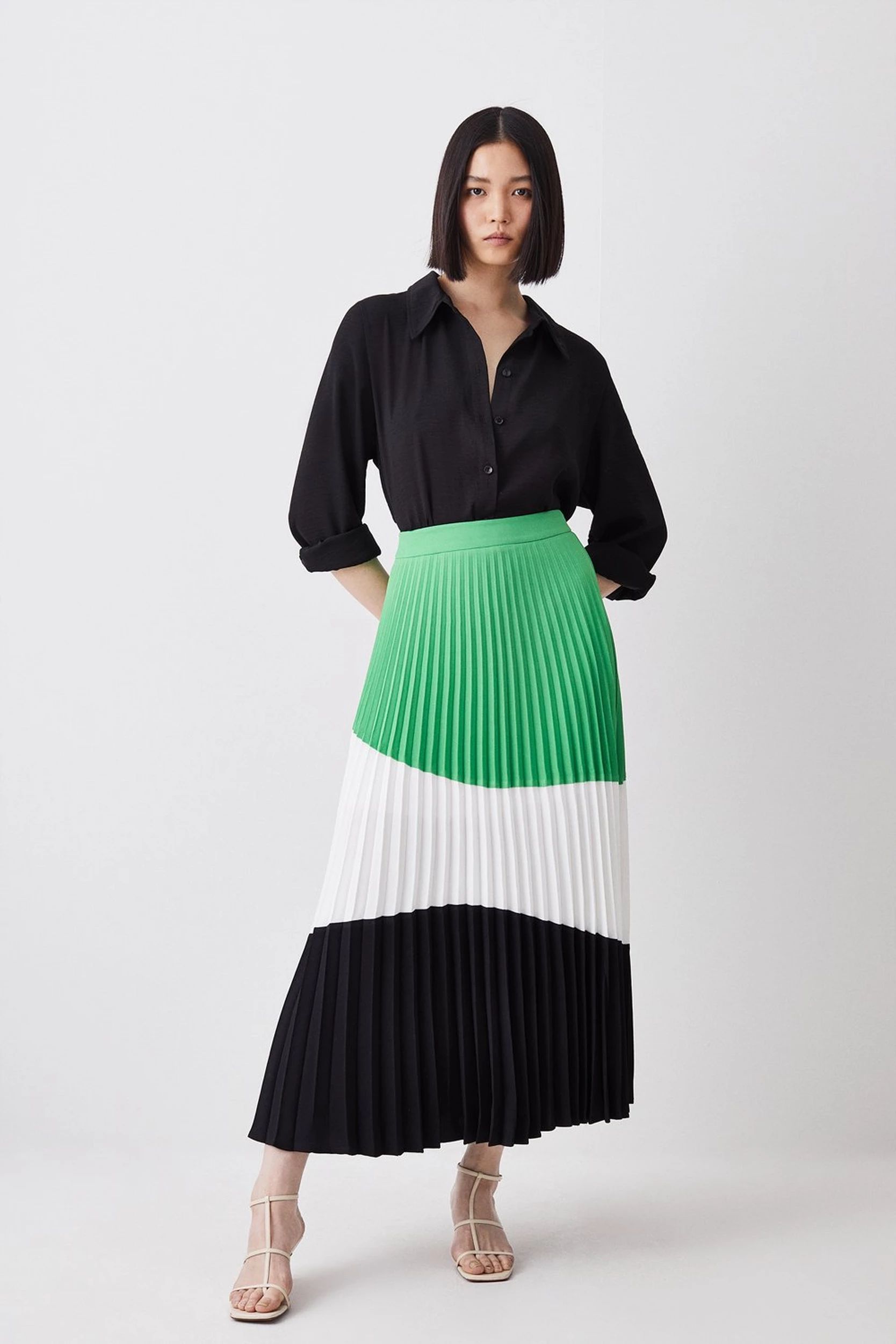 Colour Block Pleated Woven Skirt | Karen Millen US