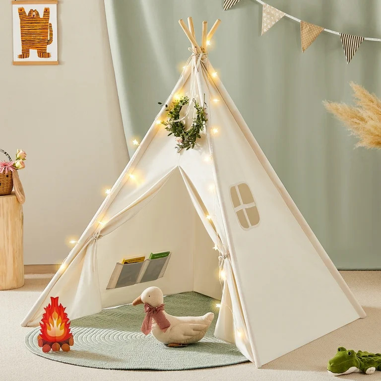 Tiny Land Kids Teepee Tent - Cotton Canvas Play Tent with Lights & Campfire Toy, Ages 3+ Indoor/O... | Walmart (US)