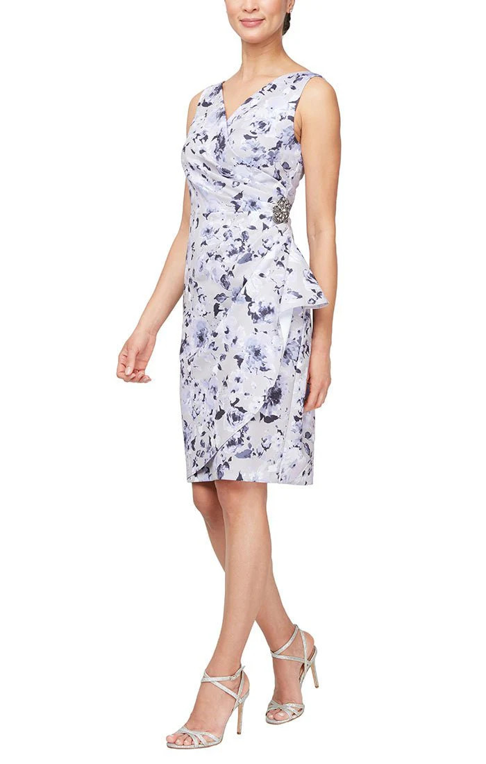 Printed Stretch Crepe Party Dress with Surplice Neckline &amp; Embellishment at Hip | Alex Evenings