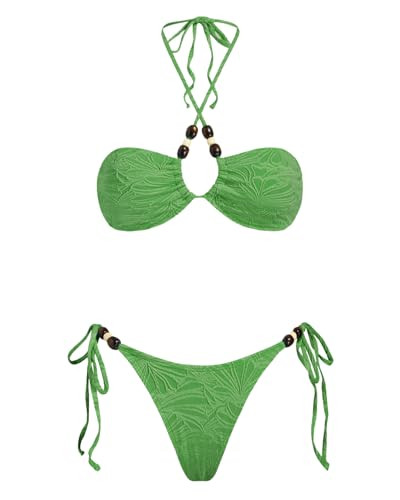VOLAFA Triangle Bikini Set for Women Halter Swimsuit Beaded Solid Tie Textured Cheeky Swimwear Tw... | Amazon (US)