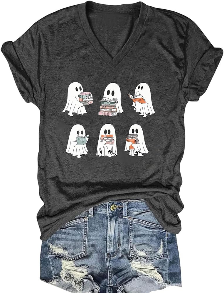 Fall V Neck T-Shirts Women Halloween Graphic Shirts Cute Pumpkin Ghost Tees Funny Holiday Family ... | Amazon (US)