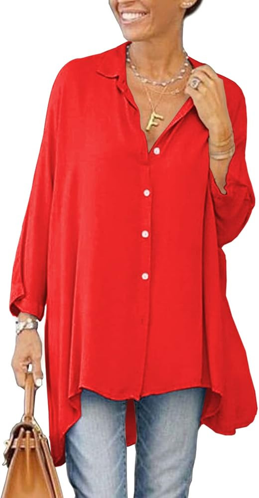 Aoysky Womens Oversized T Shirts Button Down Long Sleeve Shirt V Neck Collar Loose Flowy Blouse | Amazon (US)