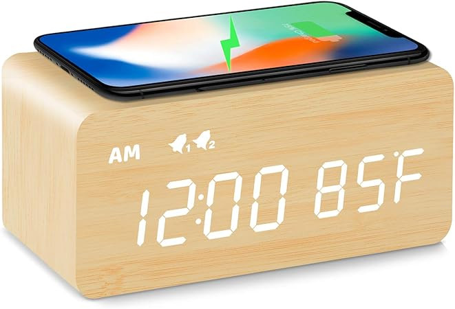 MOSITO Digital Wooden Alarm Clock with Wireless Charging, 0-100% Dimmer, Dual Alarm, Weekday /Wee... | Amazon (US)