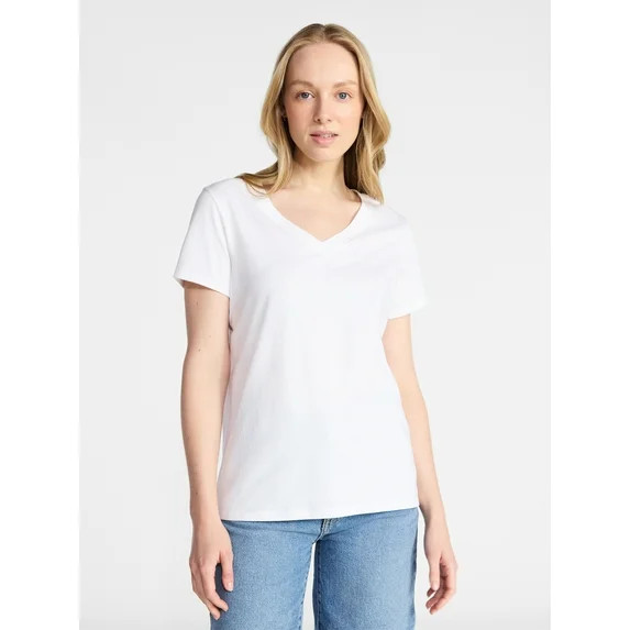 Time and Tru Women's Cotton V-Neck Tee with Short Sleeves, Sizes XS-4X | Walmart (US)