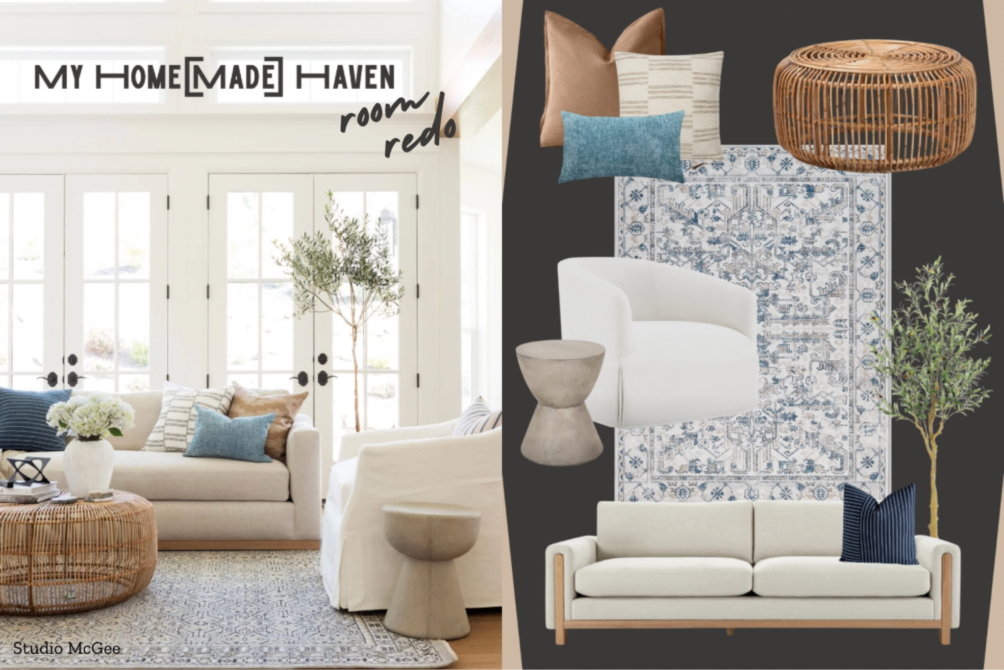 ROOM REDO: Flawlessly combining transitional, boho, coastal, and modern, this Studio McGee designed room is ready for you to recreate! 

How did they do it? Colors and clean lines! The rug sets the stage with warm creams and blues, this is the only place you see an ornate pattern. The clean lines of the coffee and side tables, and sofa and accent chair keep things simple, but interesting because nothing is a matched set. Finally the pillows bring it all together - the light brown one balancing the rattan coffee table, the blues speaking to the rug, and the white and taupe stripe echoing the chair and side table. Add some organic elements with an olive tree and flowers and you’ve got an inviting space! 

#LTKHome