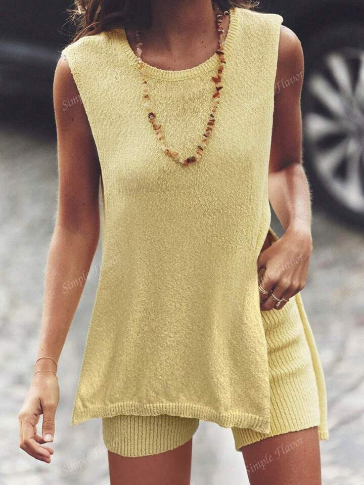 Loose Sleeveless Solid Colored Knit Two-Piece Set | SHEIN
