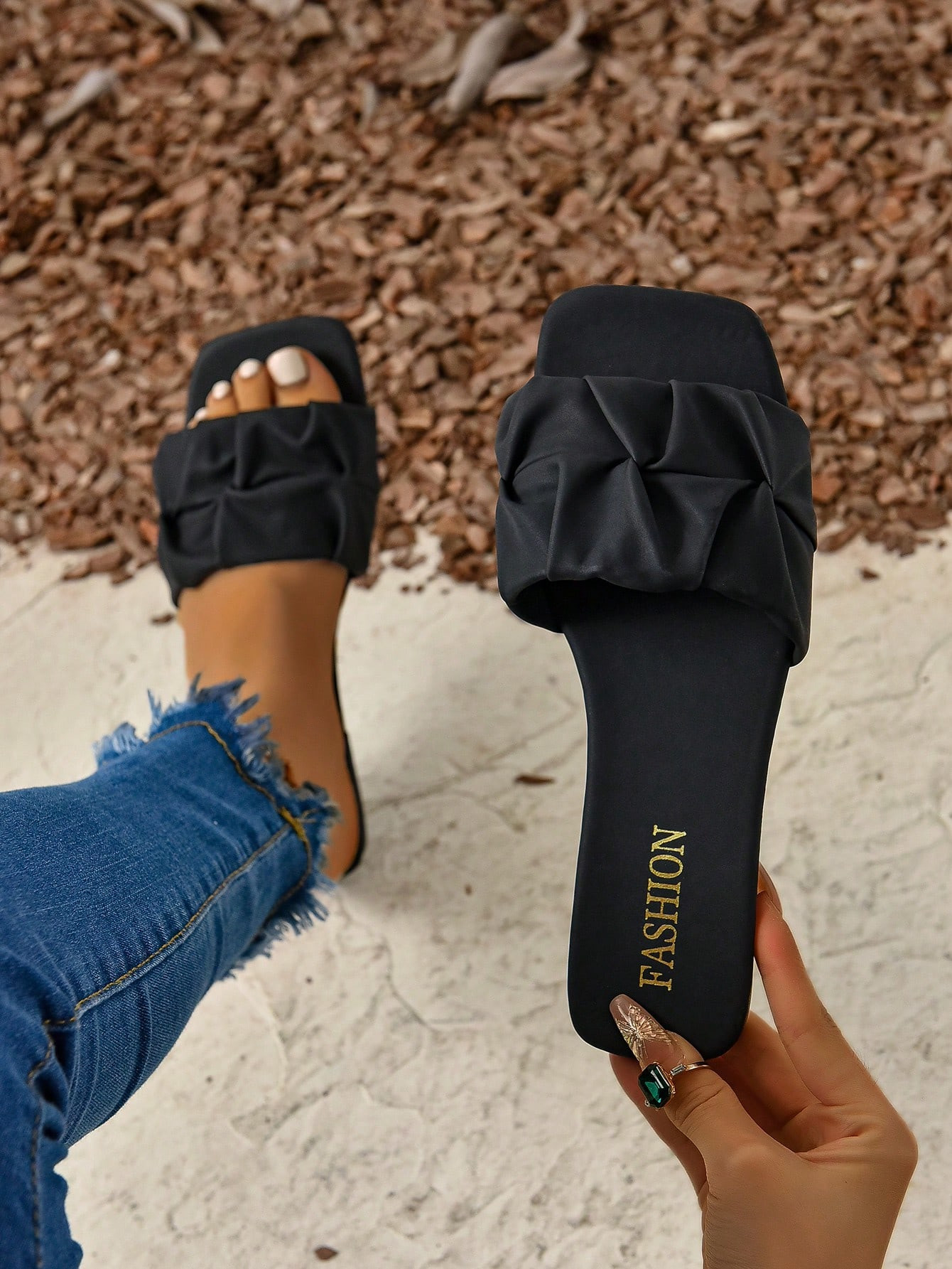 Women'S Fashion Square Toe Pleated Slippers Flat Casual Slides | SHEIN USA | SHEIN