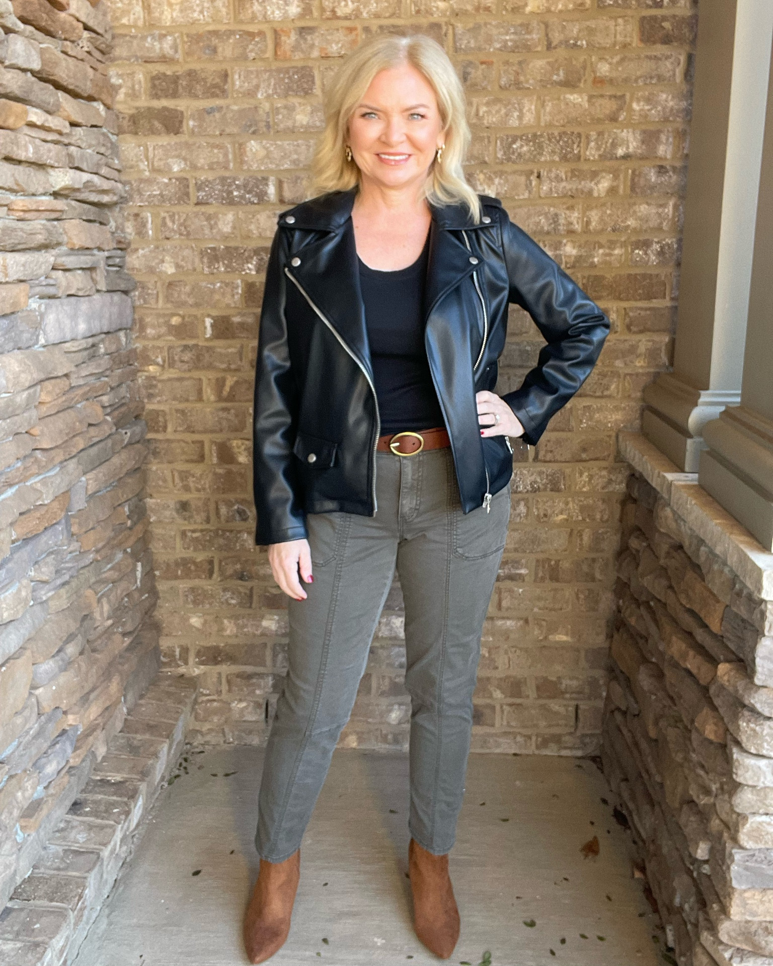 Channeling a Jennifer Aniston look with this outfit! Sz 4 in pants, XS jacket, medium tank top. 
Casual outfit
Faux leather
Leather jacket
Moto jacket
Ankle boots
Celebrity style 
Walmart fashion
Target style
White House black market

#LTKstyletip #LTKshoecrush #LTKunder100