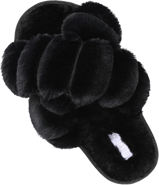 JIASUQI Cross Open Toe Fuzzy Fluffy House Slippers for Women Cozy Memory Foam Plush Criss Cross F... | Amazon (US)