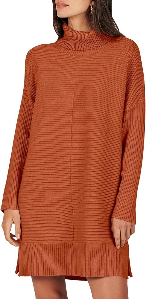 ANRABESS Women's Oversized Turtleneck Sweaters Dress Pullover Batwing Sleeve Split Hem 2023 Fall ... | Amazon (US)