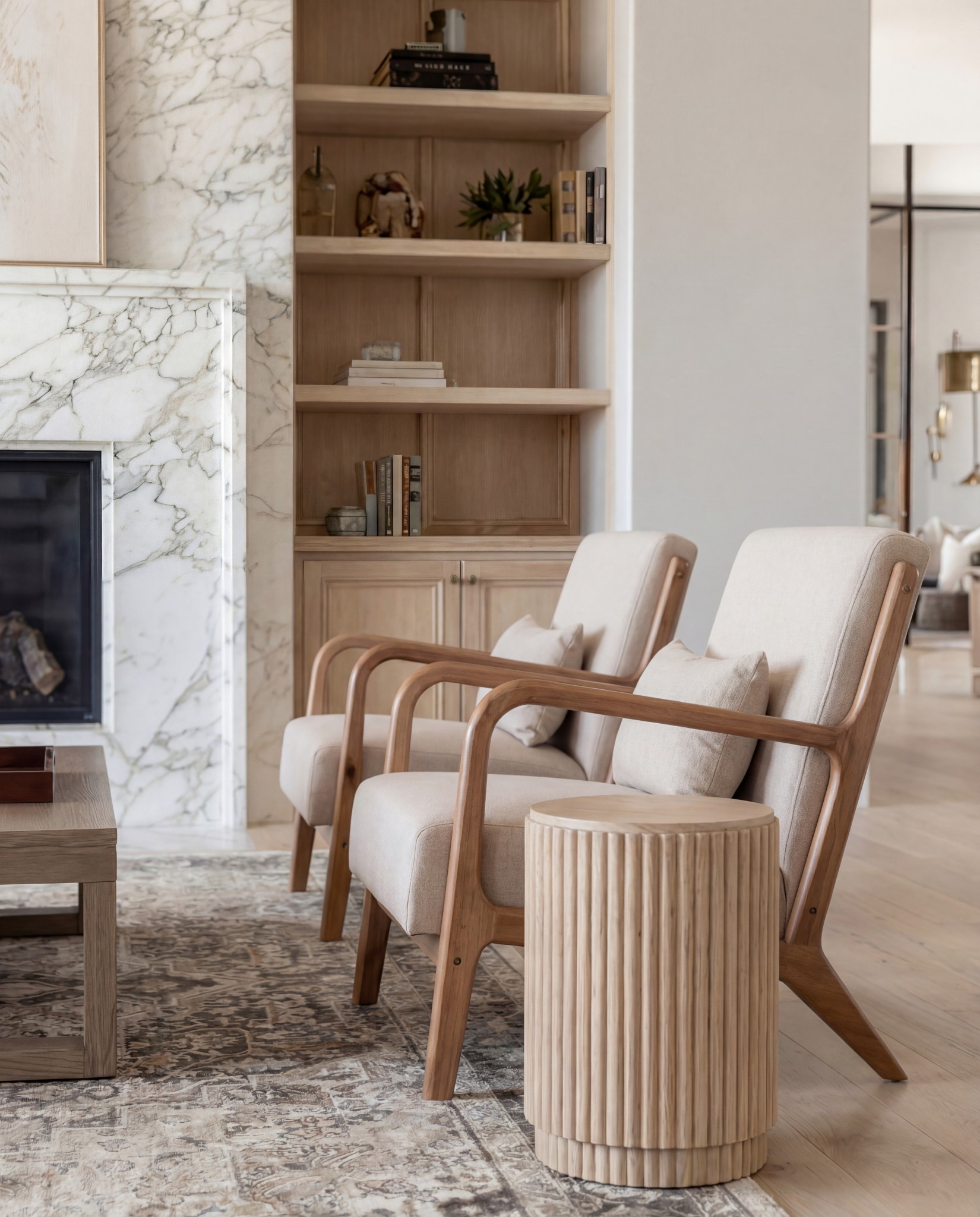 Shop the Look:
• Cream upholstered sofa
• Oak wood accent chairs (curved arms)
• Marble-look fireplace décor
• Solid wood coffee table
• Neutral vintage-style area rug
• Ceramic vase + beads styling set
• Light oak built-ins (or styling pieces for shelves)
• Tan patterned throw pillows
• Soft woven throw blanket
Wood Decor beads

#LTKHome #LTKSaleAlert #LTKFindsUnder100