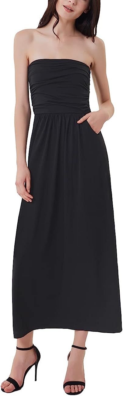 GRACE KARIN Women Strapless Casual Loose Ruched Long Maxi Dress with Pockets | Amazon (US)