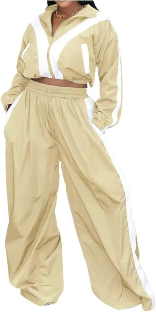 Women Striped 2 Piece Outfits Fall Workout Sets Windbreaker Tracksuit Crop Jacket Wide Leg Pants ... | Amazon (US)