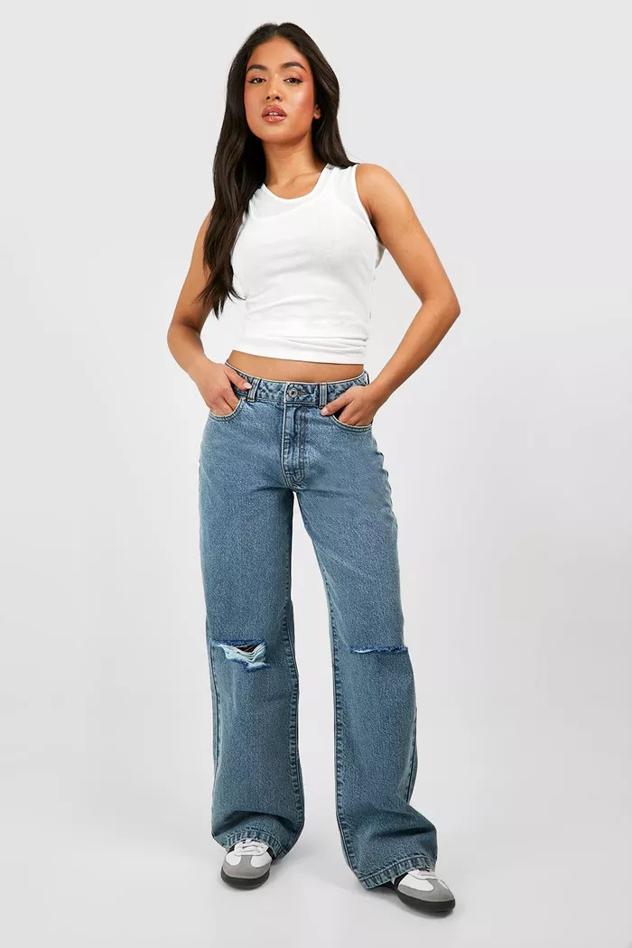 Petite Basics Ripped Knee Boyfriend Jeans | Boohoo.com (UK & IE)