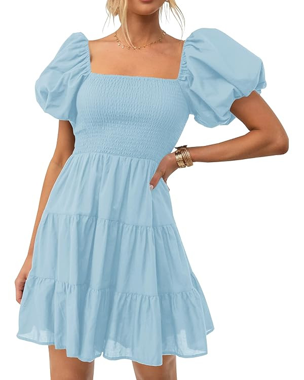 ZESICA Women's 2024 Boho Summer Square Neck Puff Sleeve Off Shoulder Smocked Tiered Casual A Line... | Amazon (US)