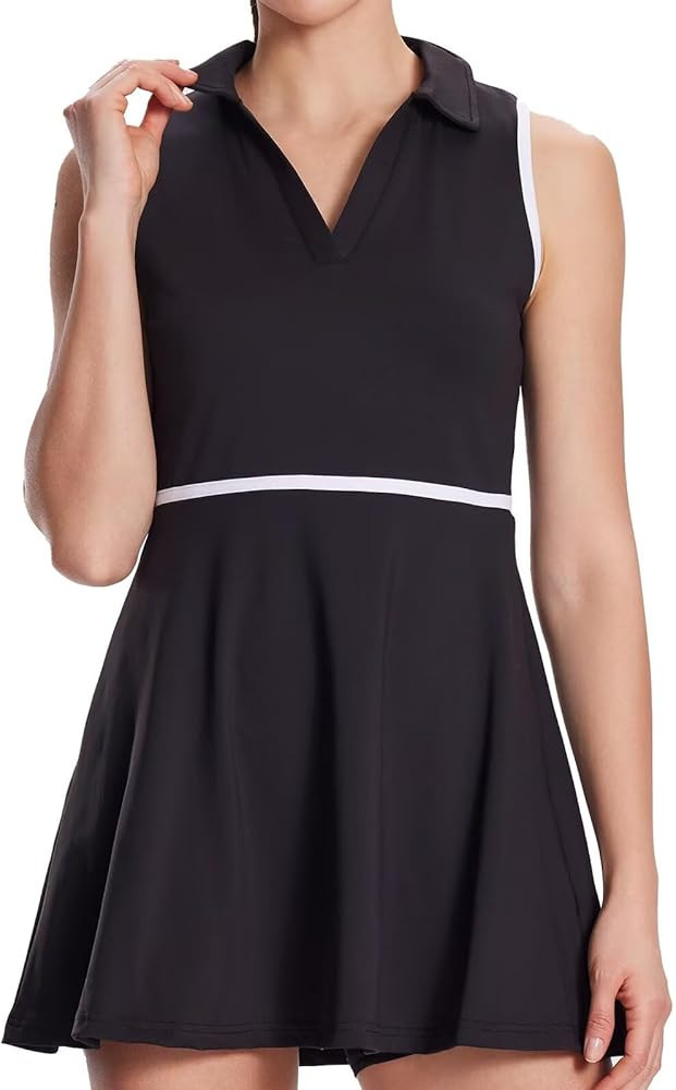 Women's Tennis Dress with Detachable Pocket Shorts, Convertible V-Neck & Polo Collar for Golf Gym | Amazon (US)