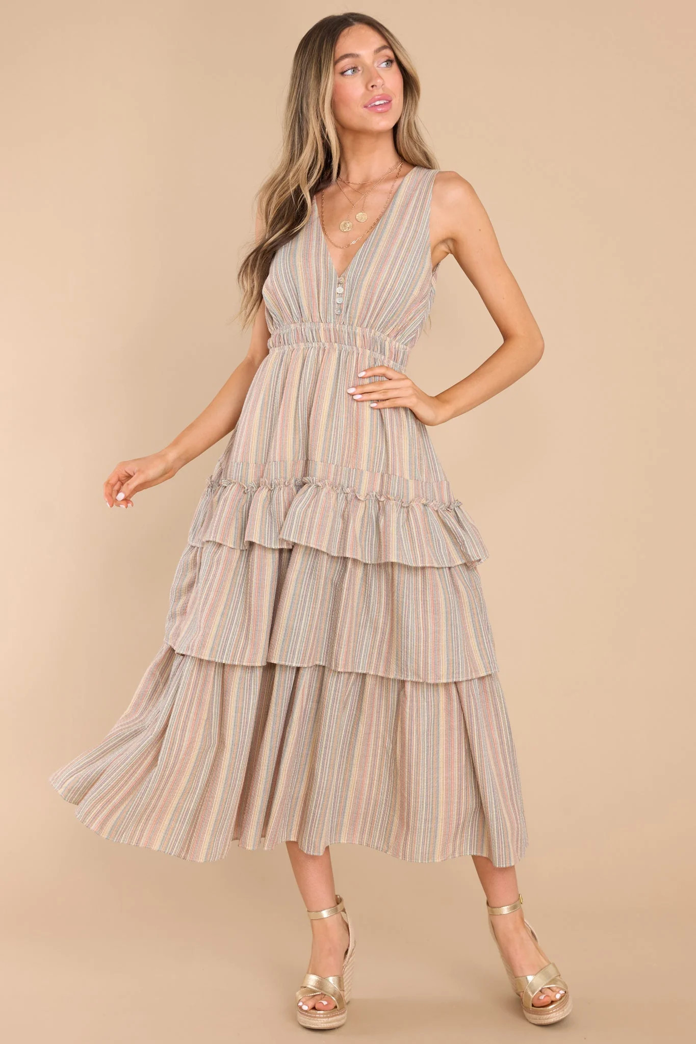 Just Can't Help It Olive Stripe Midi Dress | Red Dress 