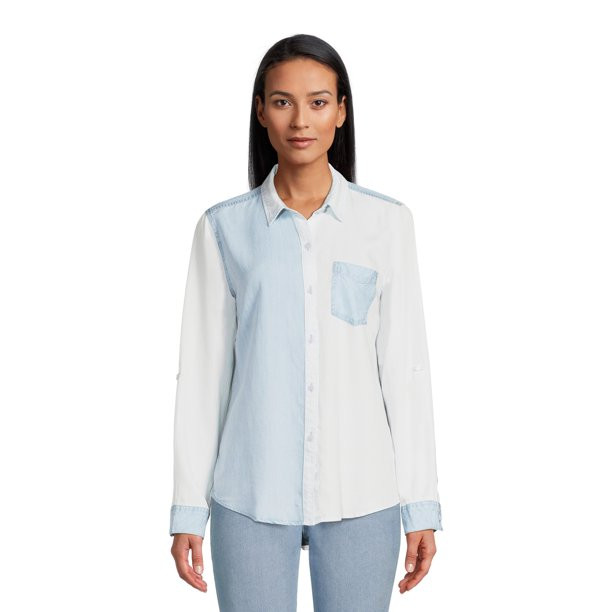 Time and Tru Women's Roll Cuff Button-Down Shirt | Walmart (US)