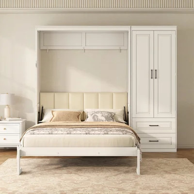 Queen Size Murphy Bed with Storage Wardrobe & Drawers, Upholstered Headboard, Space Saving Bed, White | Wayfair North America