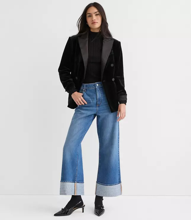 Embellished Cuffed High Rise Wide Leg Crop Jeans in Bright M | LOFT