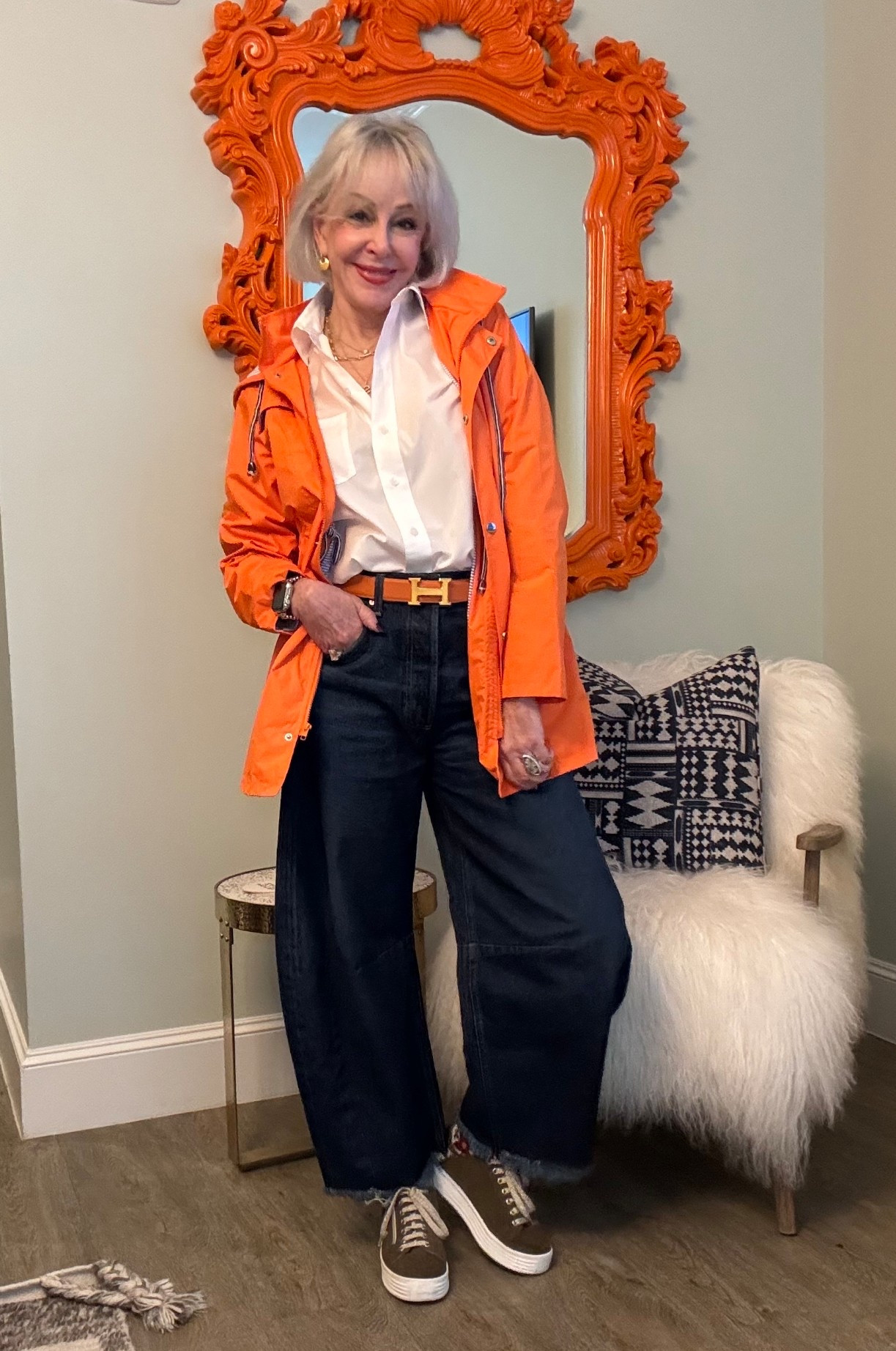 Waterproof Long Hooded Trench Coats Lined Windbreaker Travel Jacket S-XXL, 22 colors
Orange belt
White button down no-iron stretch shirt- Chico’s
Barrel jeans by AG
Jewelry Dean Davidson 

#LTKFindsUnder50 #LTKOver40