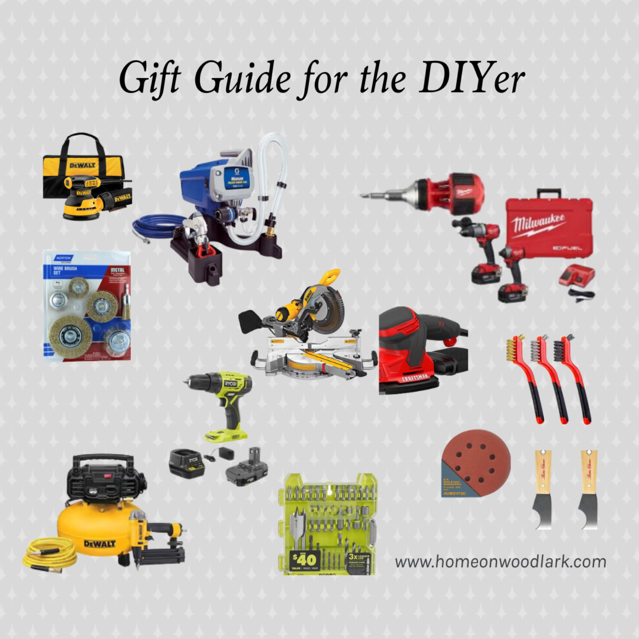 These tools are ones we own and use on our projects.  Perfect for a DIYer starting out or wanting to upgrade.  

Drills.  Miter saw.  Nail gun and air compressor.  Bostitch tools.  Milwaukee tools.  Paint sprayer.  Paint stripper tools.  Ryobi drill and drill bit set.  De Walt sander.  DeWalt air compressor.  

#LTKHoliday #LTKGiftGuide #LTKCyberWeek