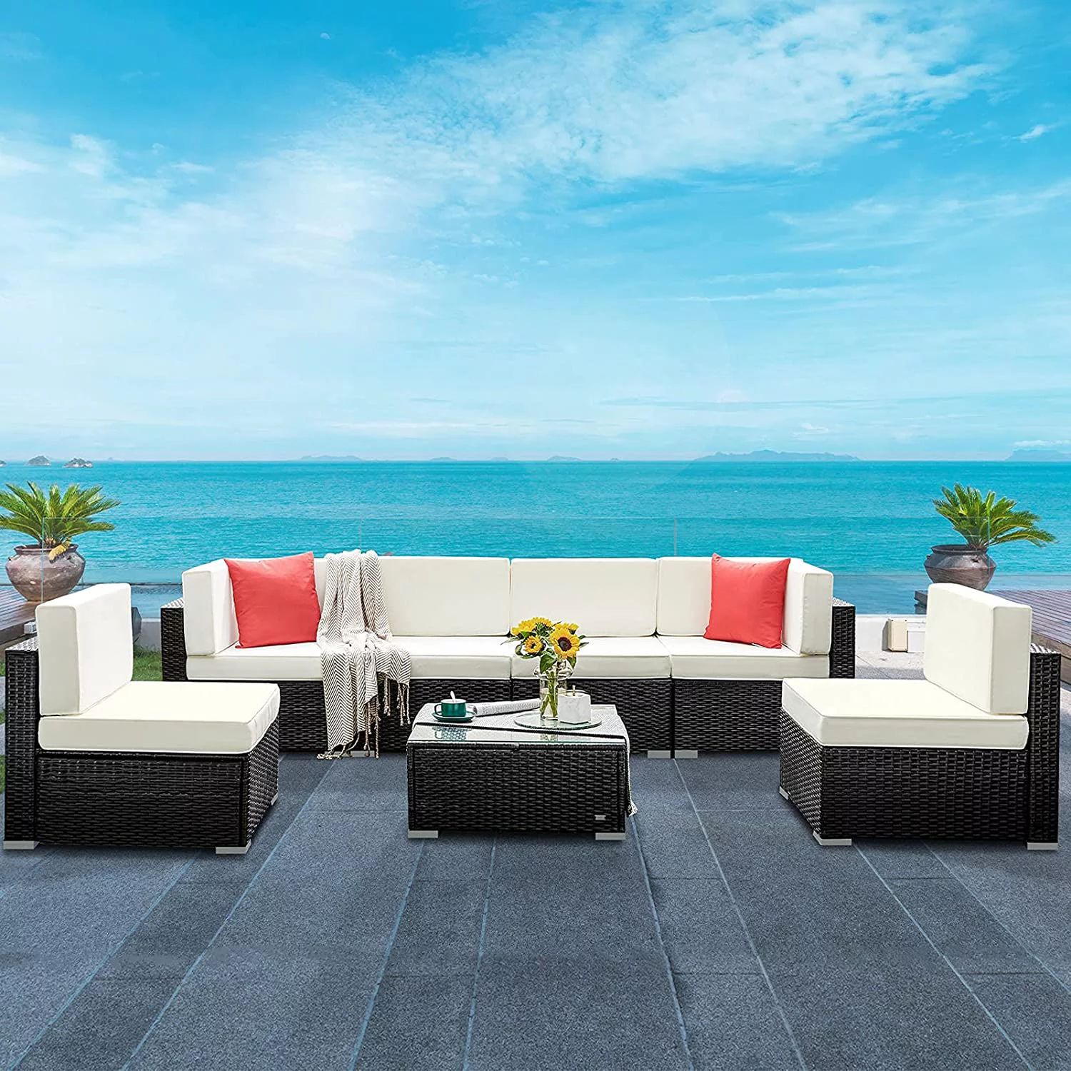 HONBAY 7 Pieces Patio Furniture Set Outdoor Wicker Sectional Sofa Beige | Walmart (US)