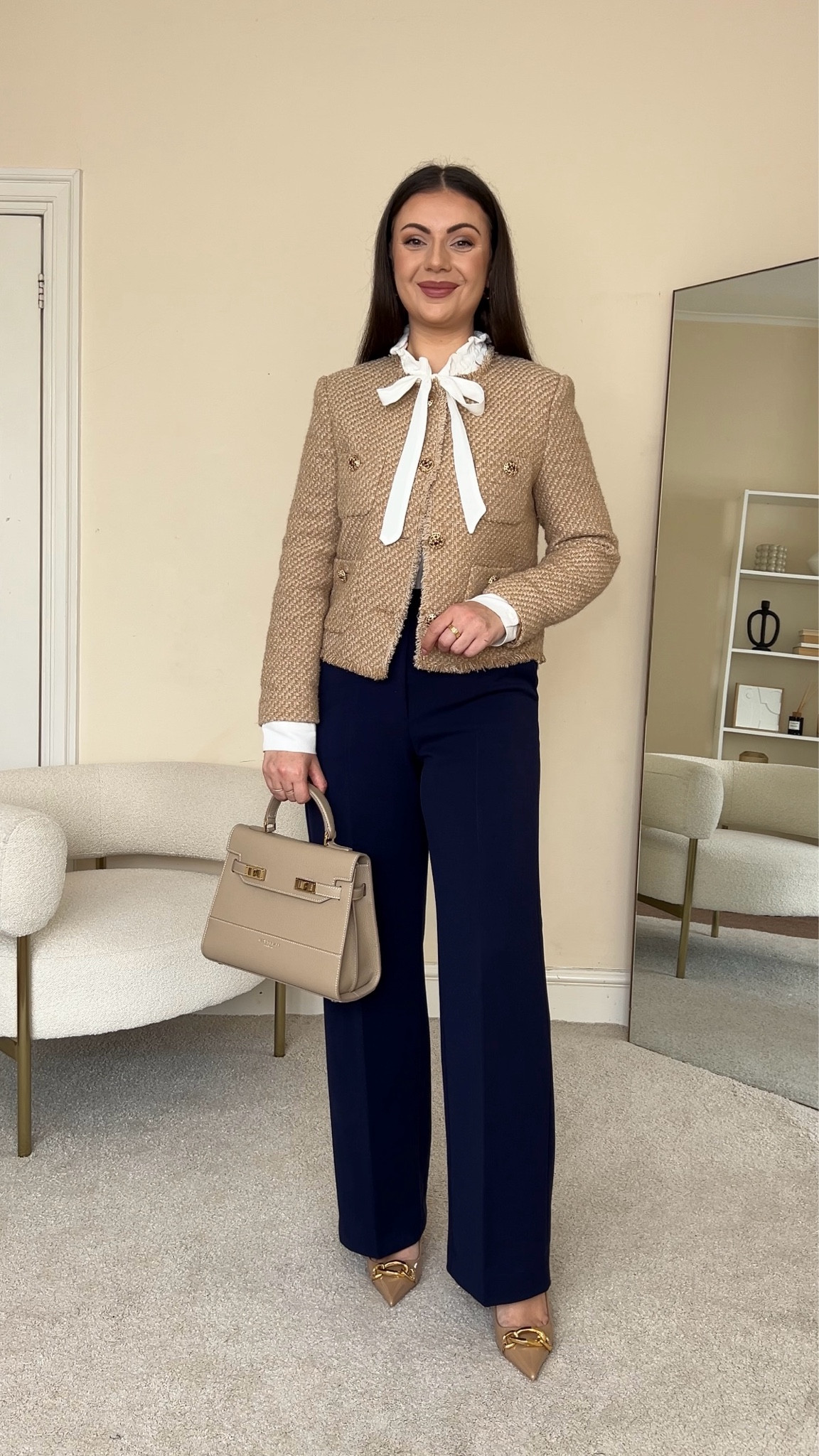 Styling navy trousers for work. Spring workwear outfit. Blouse is from Mango, wearing size S. Jacket is from Mango, wearing size M. Trousers are from &OtherStories, wearing size UK10.

#LTKstyletip #LTKworkwear #LTKfindsunder100