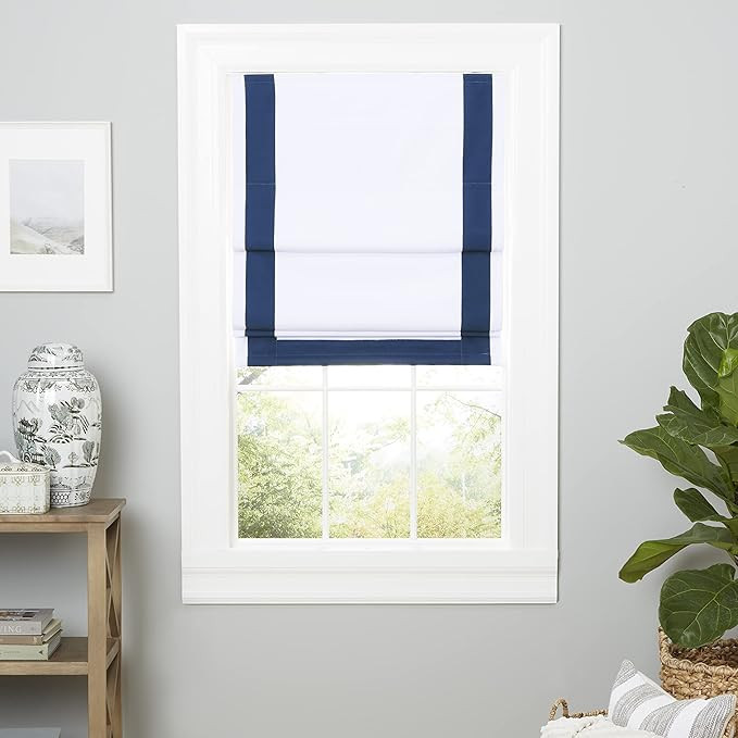 Exclusive Home Frontera 100% Blackout Roman Shade, 31"x64", White/Denim | Amazon (US)