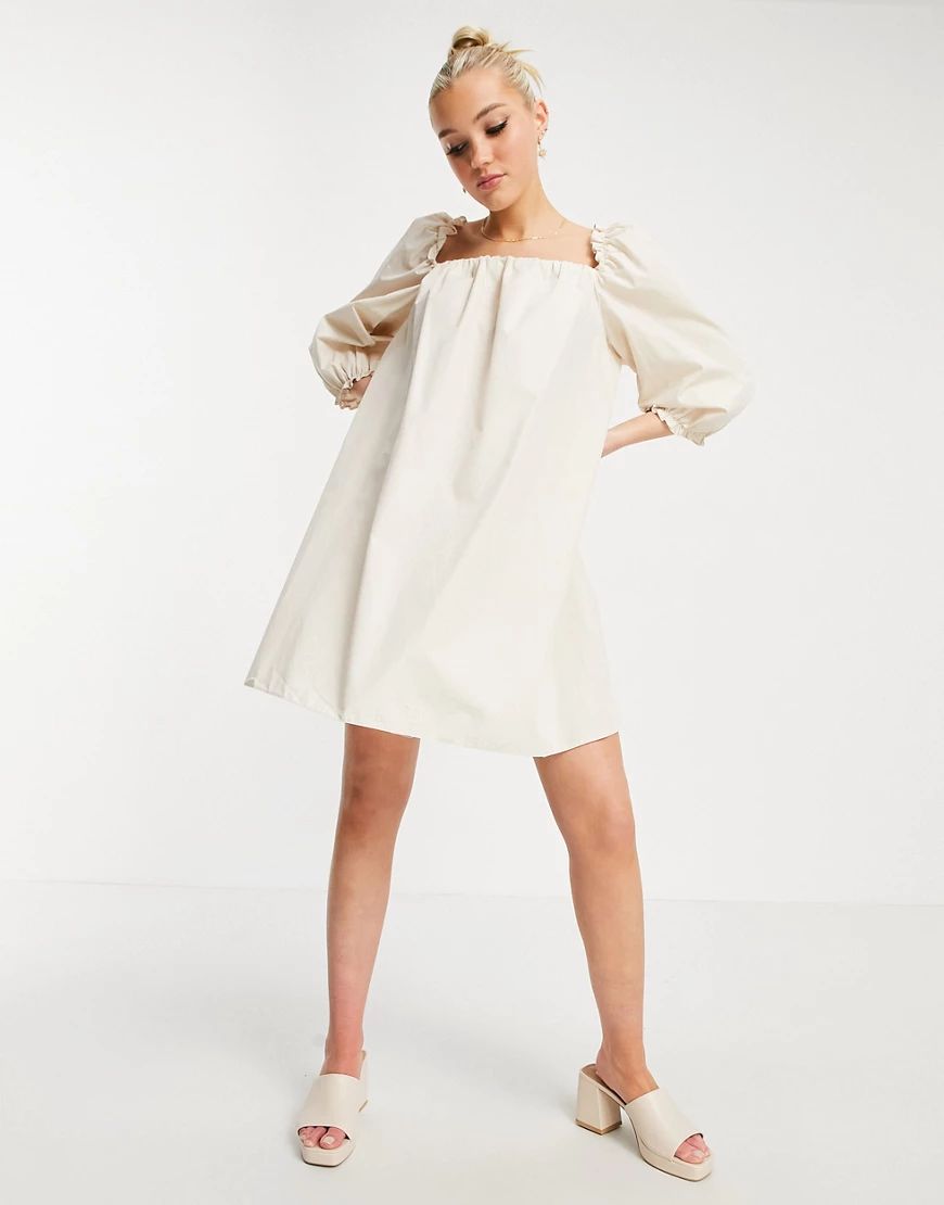 New Look square neck poplin babydoll mini dress in stone-White | ASOS (Global)