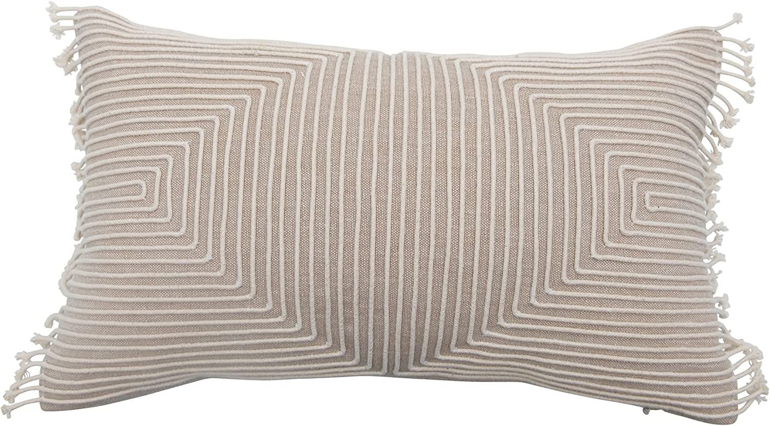 Creative Co-Op Cotton Chambray Appliqued Lumbar Piping & Fringe Pillow, Natural & Cream | Amazon (US)