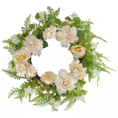 Northlight Rose and Peony Fern Artificial Floral Spring Wreath Pink - 24-Inch | Belk