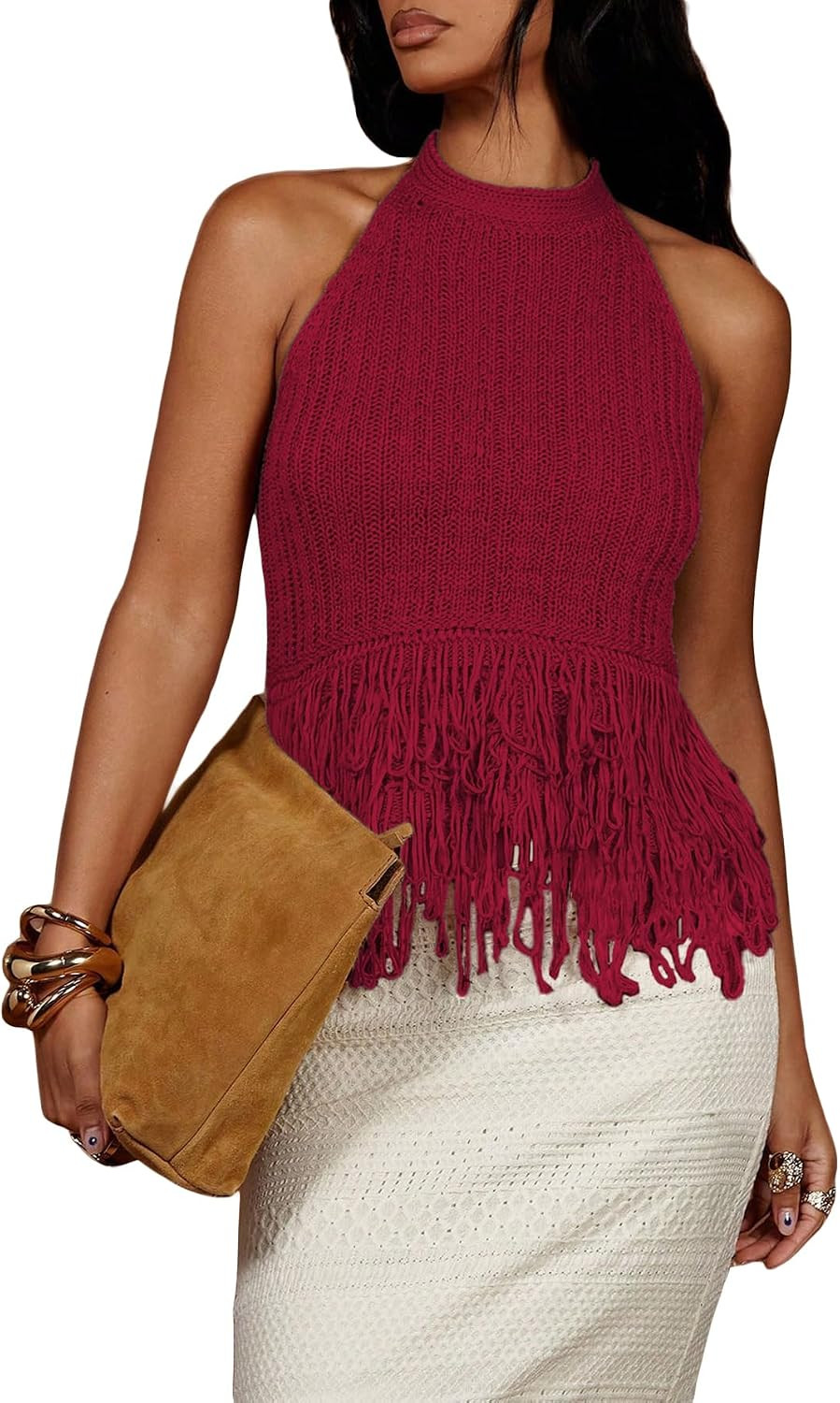 SweatyRocks Women's Boho Fringe Halter Tops Open Back Knit Crochet Tank Top | Amazon (US)