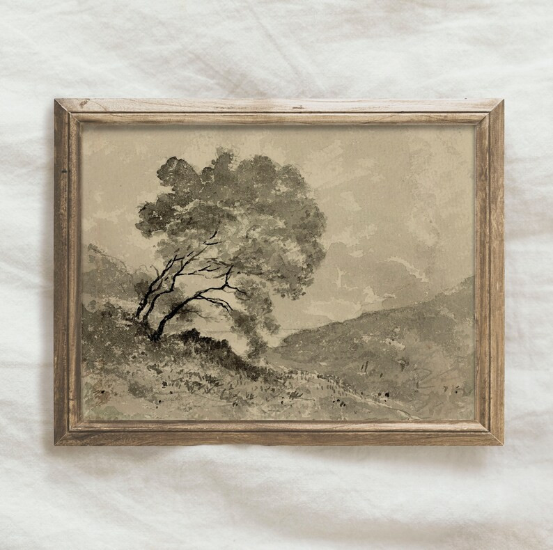 Vintage Ink Tree Drawing / Neutral Watercolor Landscape Painting / PRINTABLE Digital Download | P... | Etsy (US)