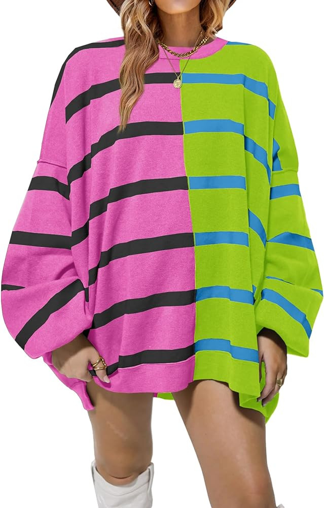 Fisoew Womens Striped Pullover Sweater Crew Neck Long Sleeve Knitted Color Block Casual Loose Lig... | Amazon (US)