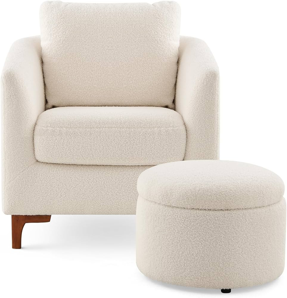 COLAMY Sherpa Accent Chair with Storage Ottoman Set, Upholstered Barrel Arm Chair with Footrest, ... | Amazon (US)