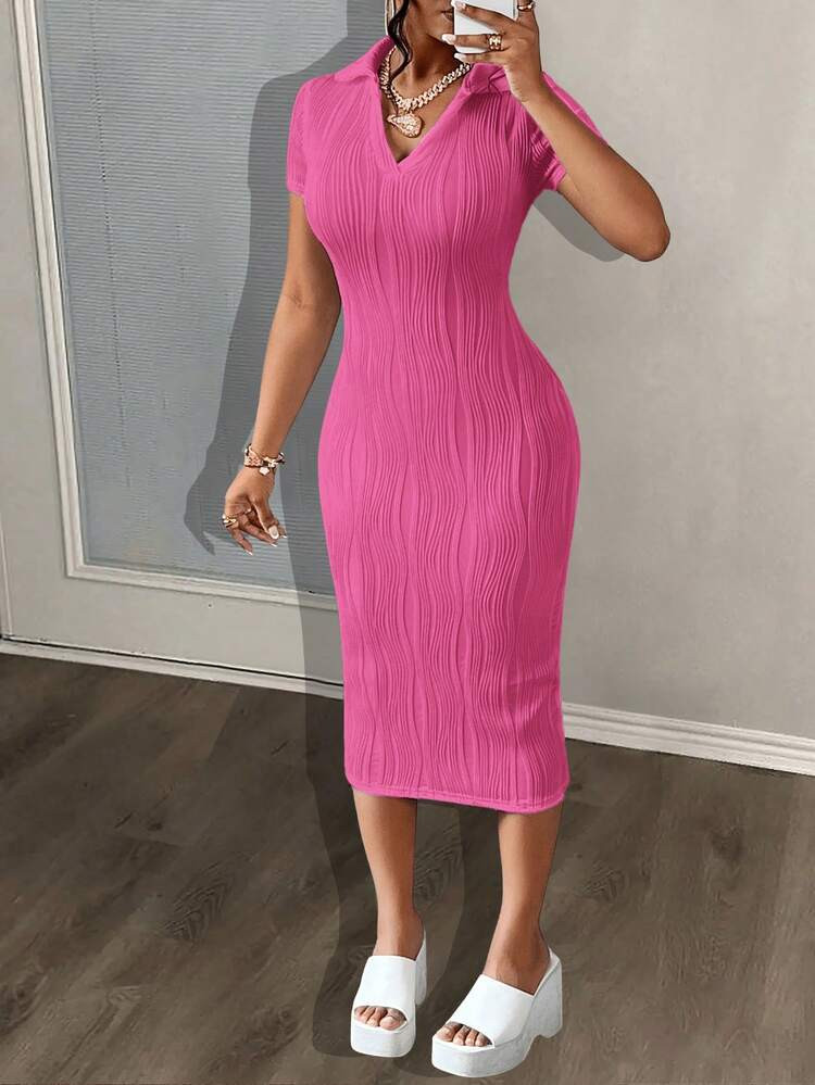 Slaydiva Summer Casual Elegant Simple Basic Model New Lapel V-Neck Short-Sleeved Slim Long Skirt ... | SHEIN