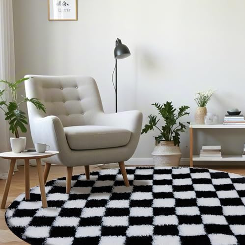 TOOHUB Super Soft Rug, Round Rug for Bedroom, 4X4 Ft Black and White Checkered Round Rug Non-Slip High Pile Cute Soft Fluffy Rug for Living Room Bedroom Kids Room | Amazon (US)