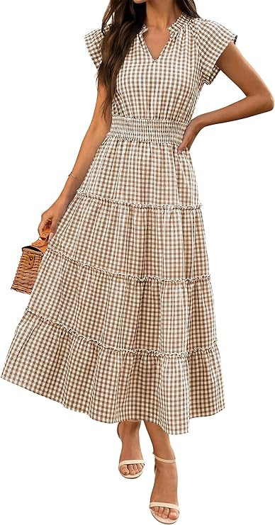 Caracilia Womens Summer Maxi Dresses Casual V Neck Cap Sleeve Gingham Striped Dress Flowy Tiered ... | Amazon (US)