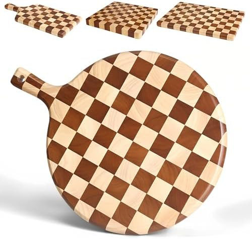 Checkered Round Cutting Board with Handle for Kitchen Decor, 17"L x 13"W x 1" Thick – Wooden Ch... | Amazon (US)