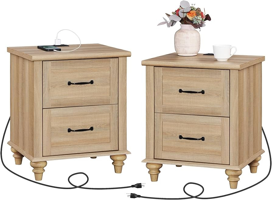 WAMPAT Night Stands for Bedrooms Set of 2 End Tables with Charging Station, 2 Drawer Nightstand W... | Amazon (US)