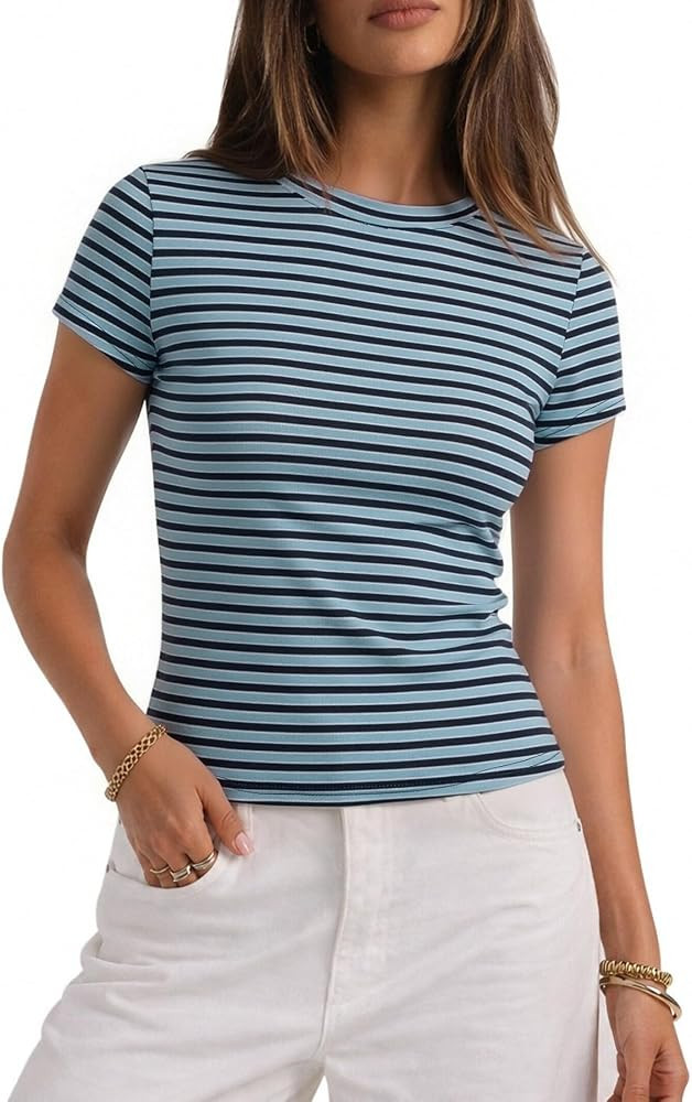 CHYRII Womens Lyocell Summer Tops Striped Casual Short Sleeve T Shirts | Amazon (US)