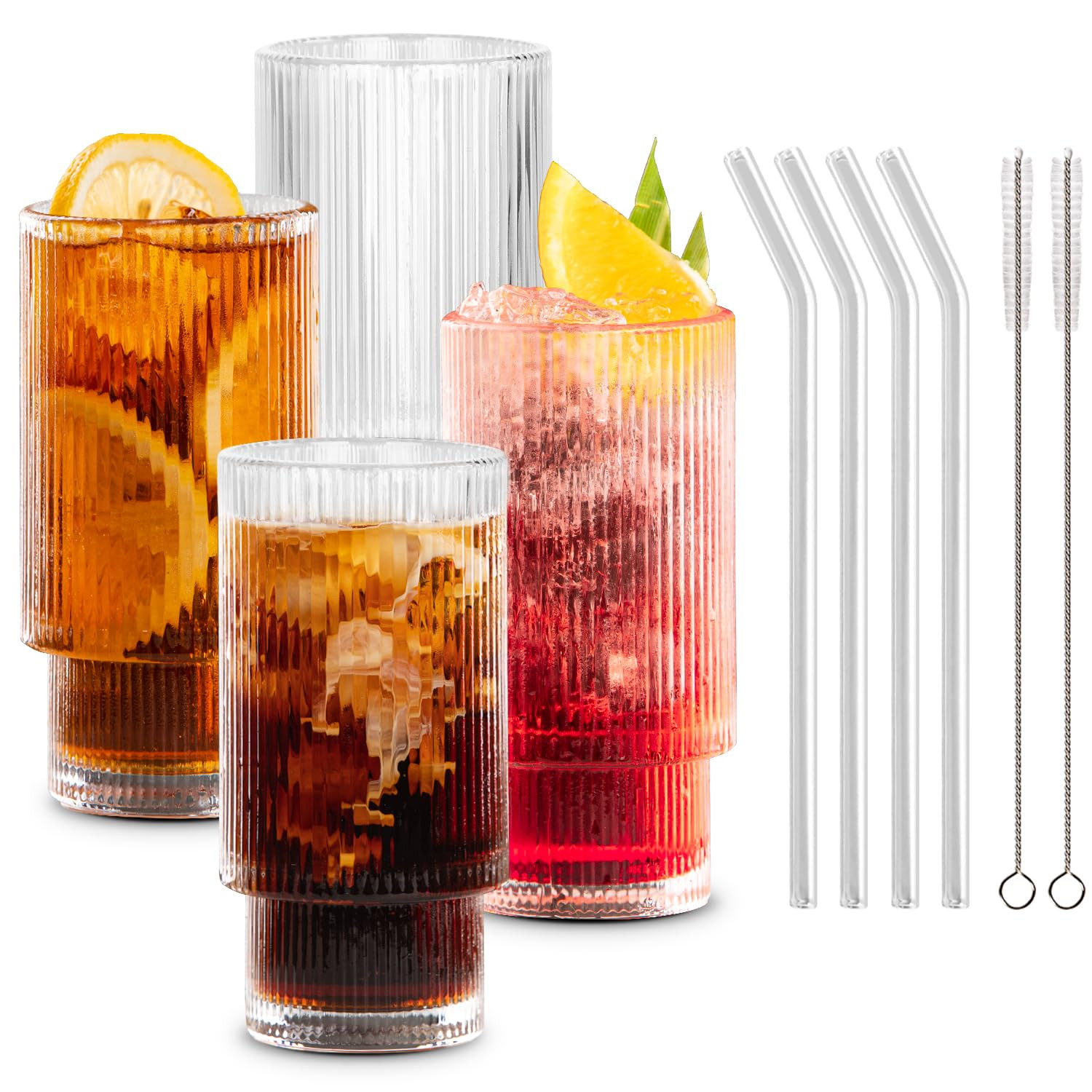 Combler Glass Cups with Straws, Drinking Glasses Set of 4, 11oz Cute Ribbed Glassware for Water Cocktail Glasses, Coffee Bar Accessories, Apartment Must Haves Essentials, Birthday Gifts | Amazon (US)