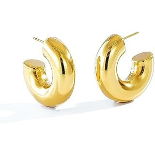 Moodear Gold Hoop Earrings Gold Earrings 14K Gold Plated Dainty Chunky Earrings for Women Open Ho... | Amazon (US)