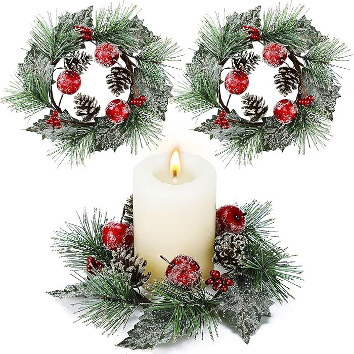 2 Pcs Christmas Candle Rings Wreaths Red Apple Berry 6 Inch Center Winter Pillar Candle Rings for... | Amazon (US)