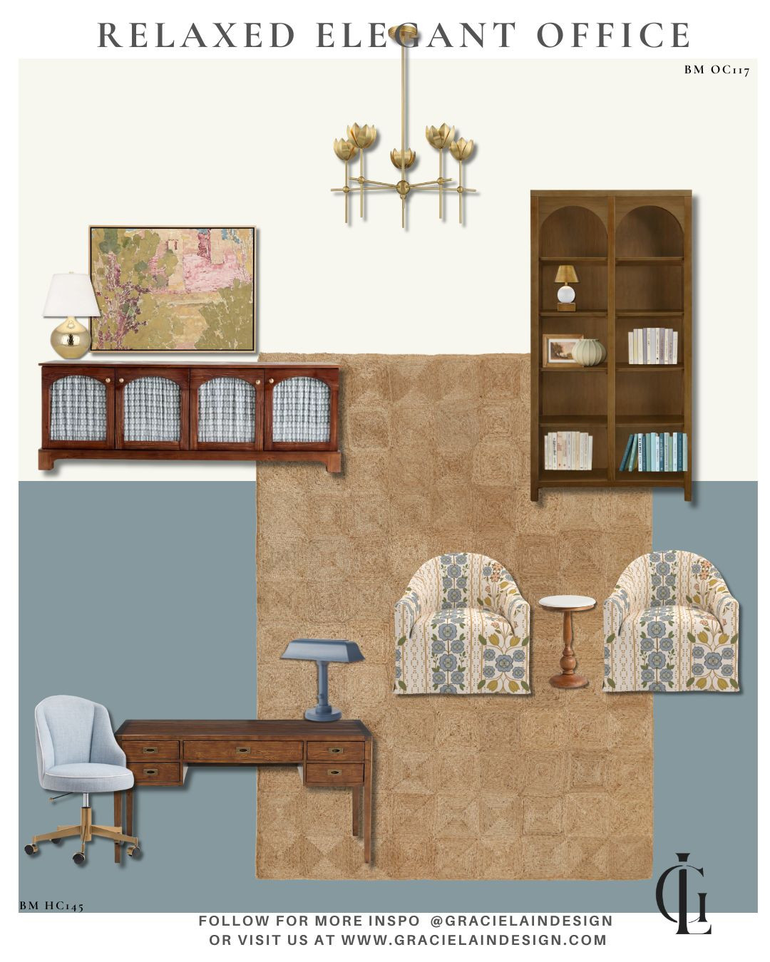 A chic, elegant office should feel as beautiful as it is functional. This space strikes the perfect balance—layered walnut woods bring warmth and depth, while soft creams and smoky blue tones create a calm, collected backdrop for productivity. Warm brass lighting adds a refined glow, and large-scale artwork makes a statement without overwhelming the room.
Natural textures woven throughout the rug introduce an organic softness, grounding the design and adding visual interest. Sophisticated swivel chairs provide comfort and flexibility, making long workdays feel effortless while elevating the overall aesthetic.
The result is a workspace that inspires creativity, encourages focus, and feels inviting from morning meetings to late-afternoon brainstorming. Thoughtfully curated, endlessly comfortable, and timelessly beautiful.
Discover more elevated interiors and design inspiration at gracielaindesign.com.
#LTKHome #HomeOfficeDesign #OfficeInspiration #InteriorDesign #LuxuryInteriors #HomeOfficeDecor #DesignerDetails #WalnutWood #BrassLighting #NeutralInteriors #BlueAndCream #WorkFromHomeStyle #InteriorStyling #ElegantLiving #FunctionalDesign #SophisticatedStyle #GracielainDesign 

 #LTKHome #LTKSaleAlert